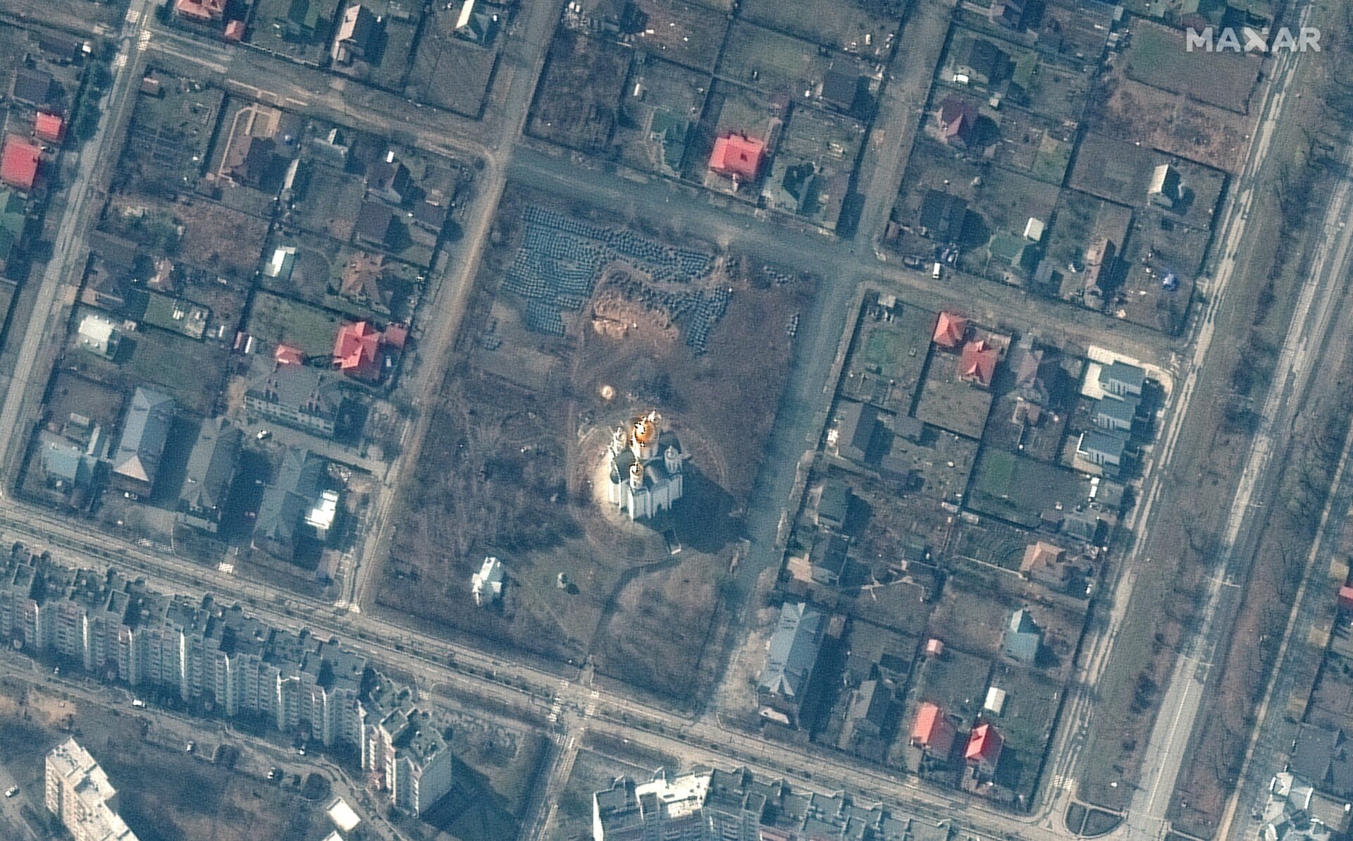 Mass grave in Bucha in the satellite image