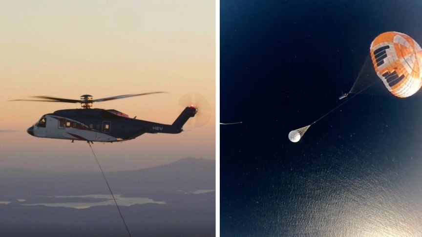 Sikorsky S-92 и первая ступень ракеты на парашютах