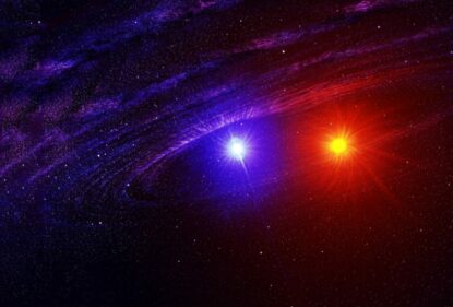 Враження художника про подвійну зоряну систему, подібну до пари зірок у центрі нової потрійної системи
