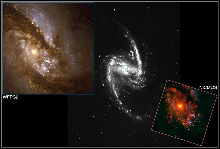 Коллаж из изображений Hubble NGC 1365 в видимом и инфракрасном свете