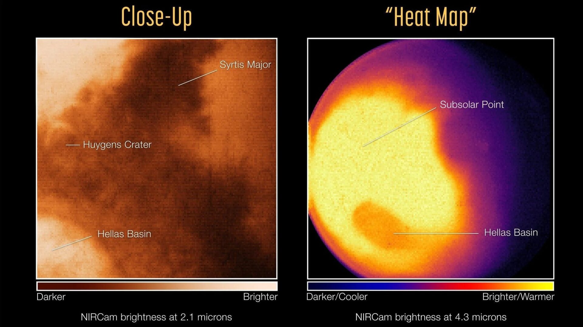 Первое изображение показывает вид Марса с длиной волны в 2,1 микрона, а второе – 4,3 микрона
