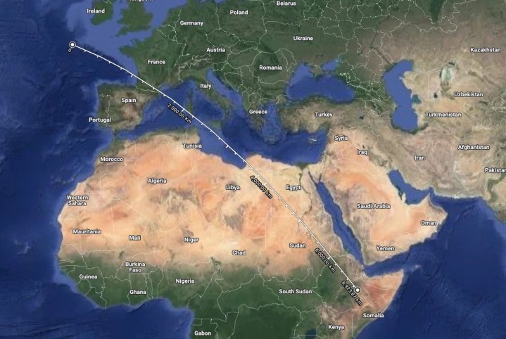 Приблизительный маршрут МКС от южной Ирландии до Африканского Рога протяженностью 7000 км