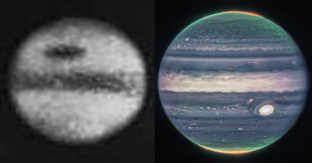 Порівняння пліч-о-пліч фотографії Юпітера XIX століття та свіжого знімку James Webb