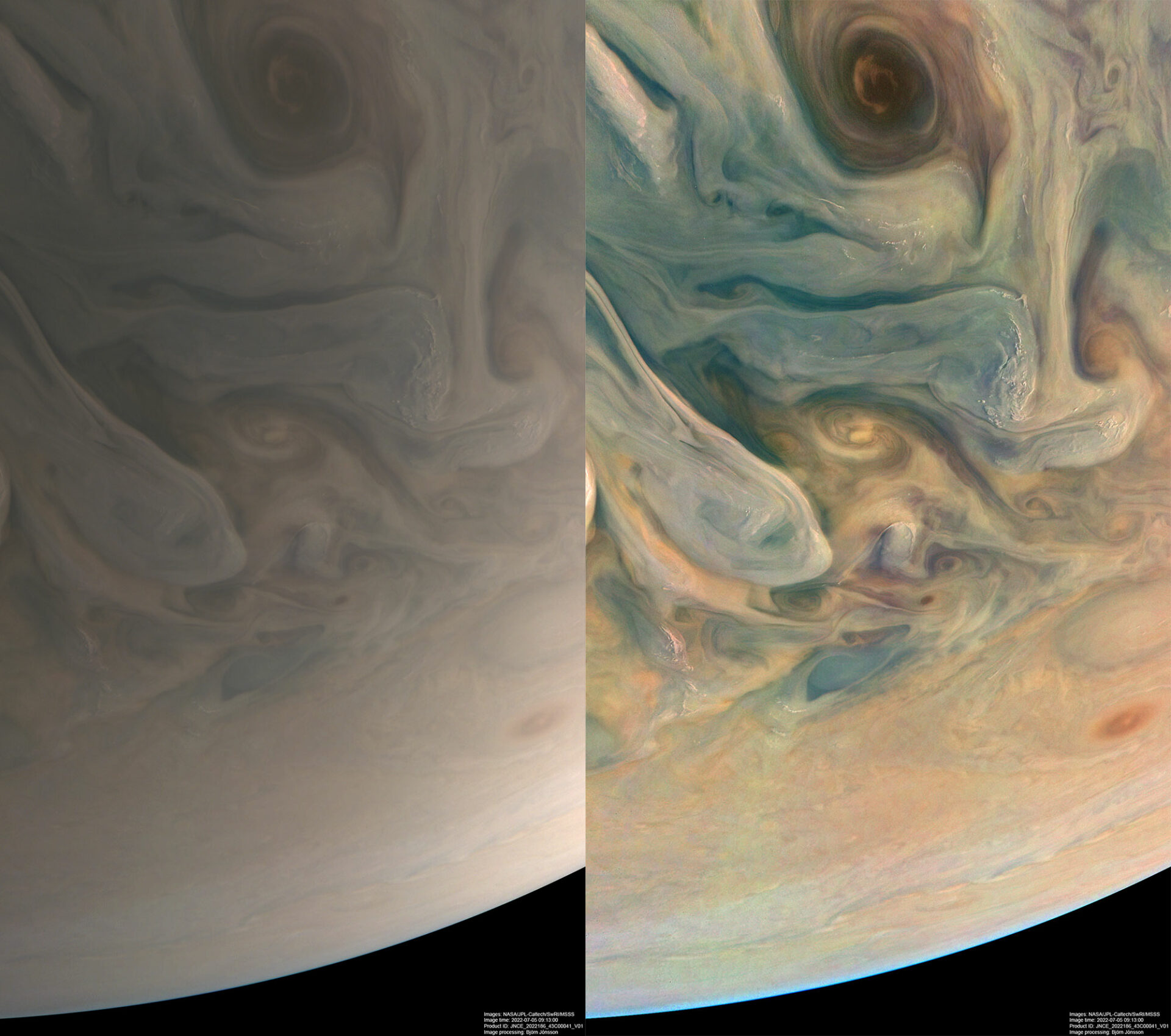NASA Juno спостерігав за складними кольорами та структуру хмар Юпітера під час свого 43-го обльоту планети 5 липня 2022 року
