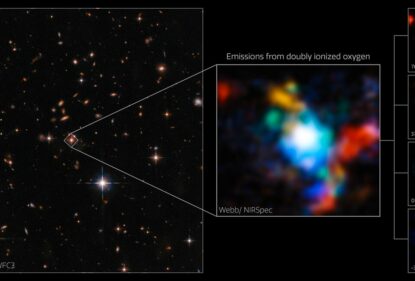 Изображение космического телескопа Hubble налево показывает регион, который исследовали ученые. Справа данные, полученные с космического телескопа James Webb