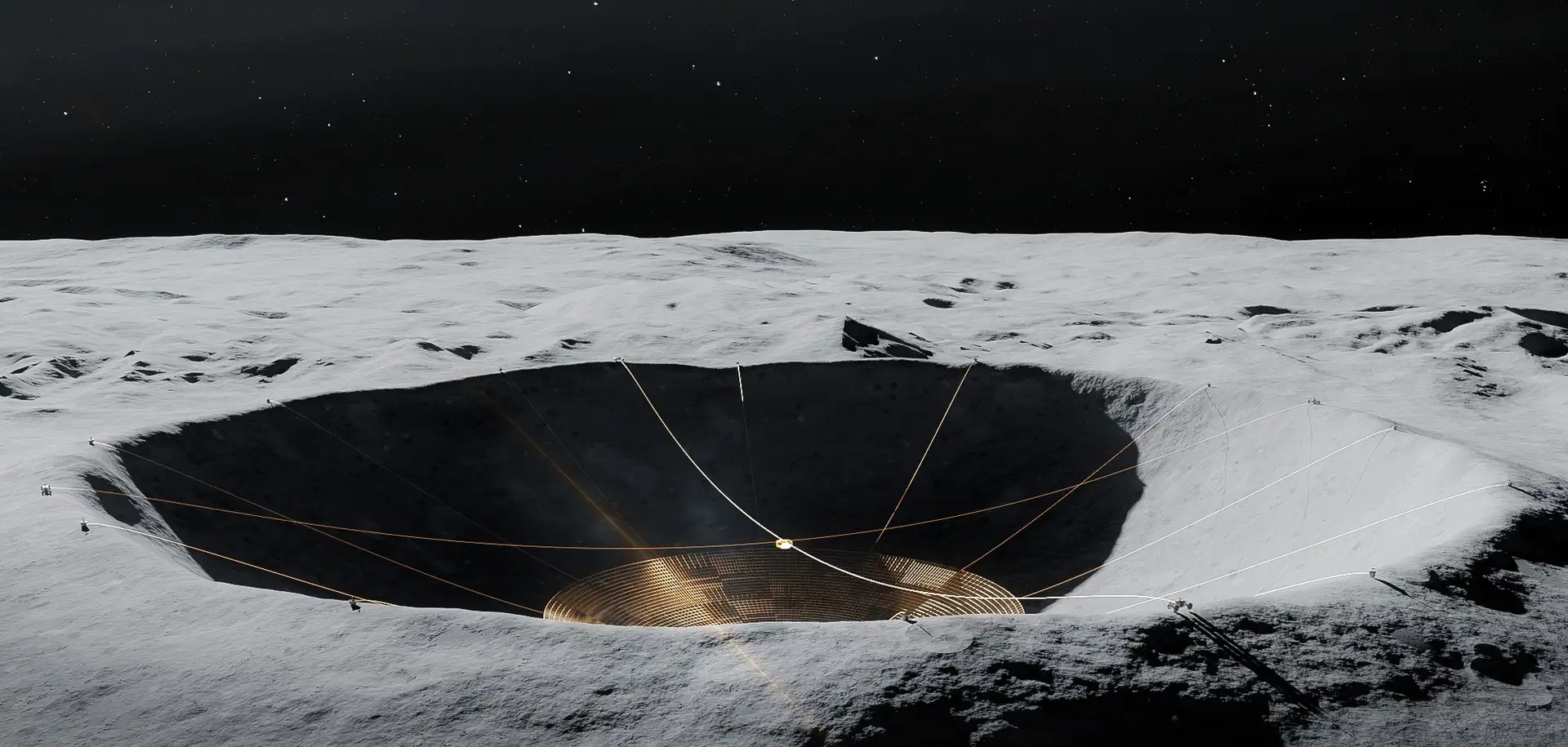 Иллюстрация будущего проекта по построению радиотелескопа в одном из кратеров на обратной стороне Луны