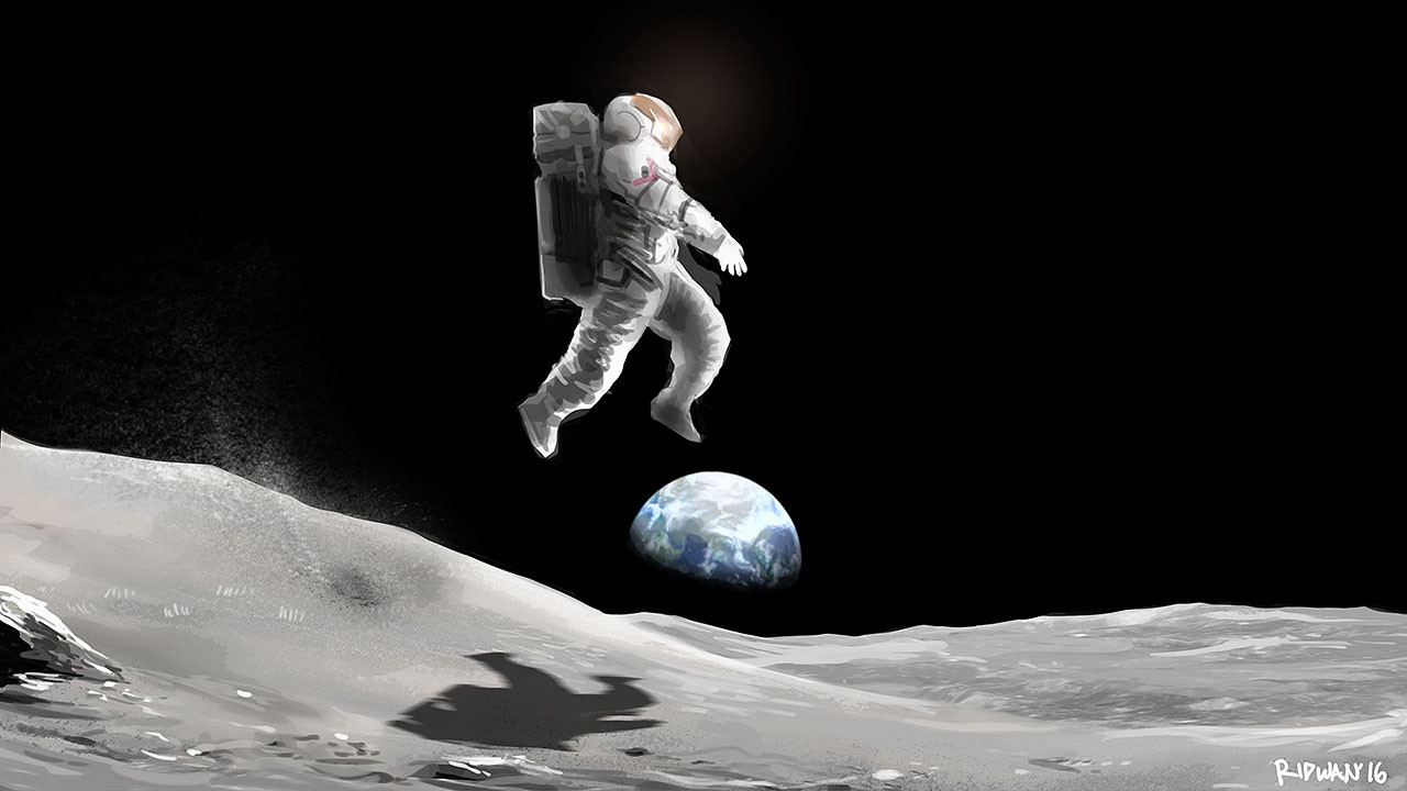 astronaut jumping on moon