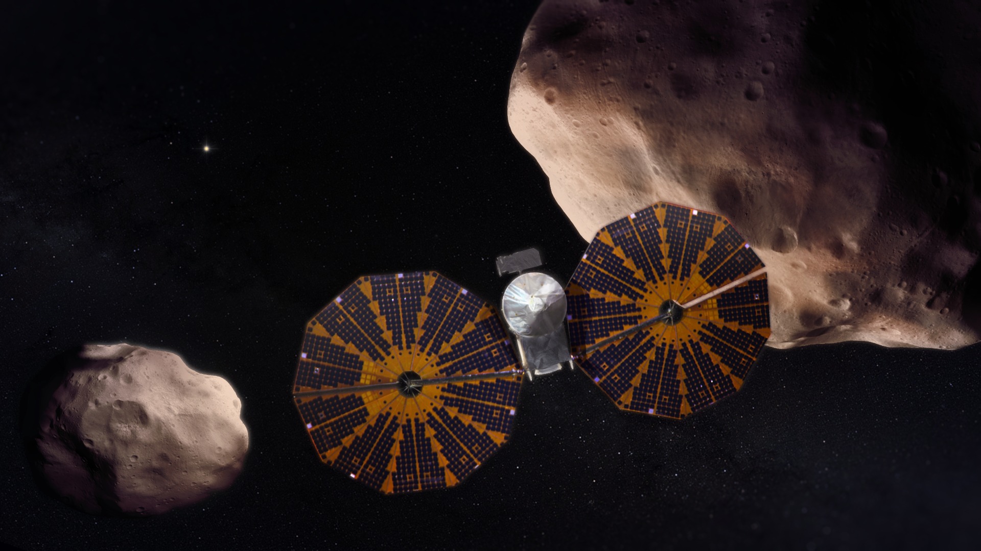 Видение художника того как космический аппарат Lucy пролетает мимо Троянских астероидов