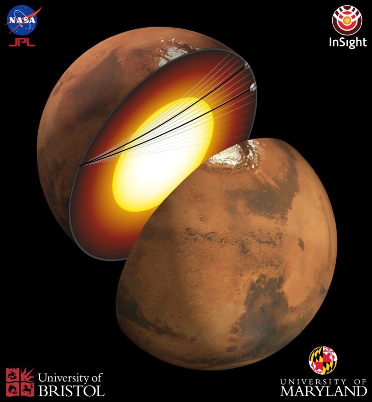 Художественное изображение внутренней части Марса и путей, по которым проходят сейсмические волны, когда они проходят сквозь ядро планеты