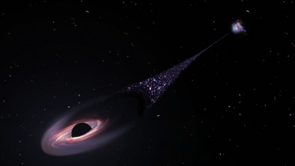 Впечатление художника от сверхмассивной черной дыры-беглеца