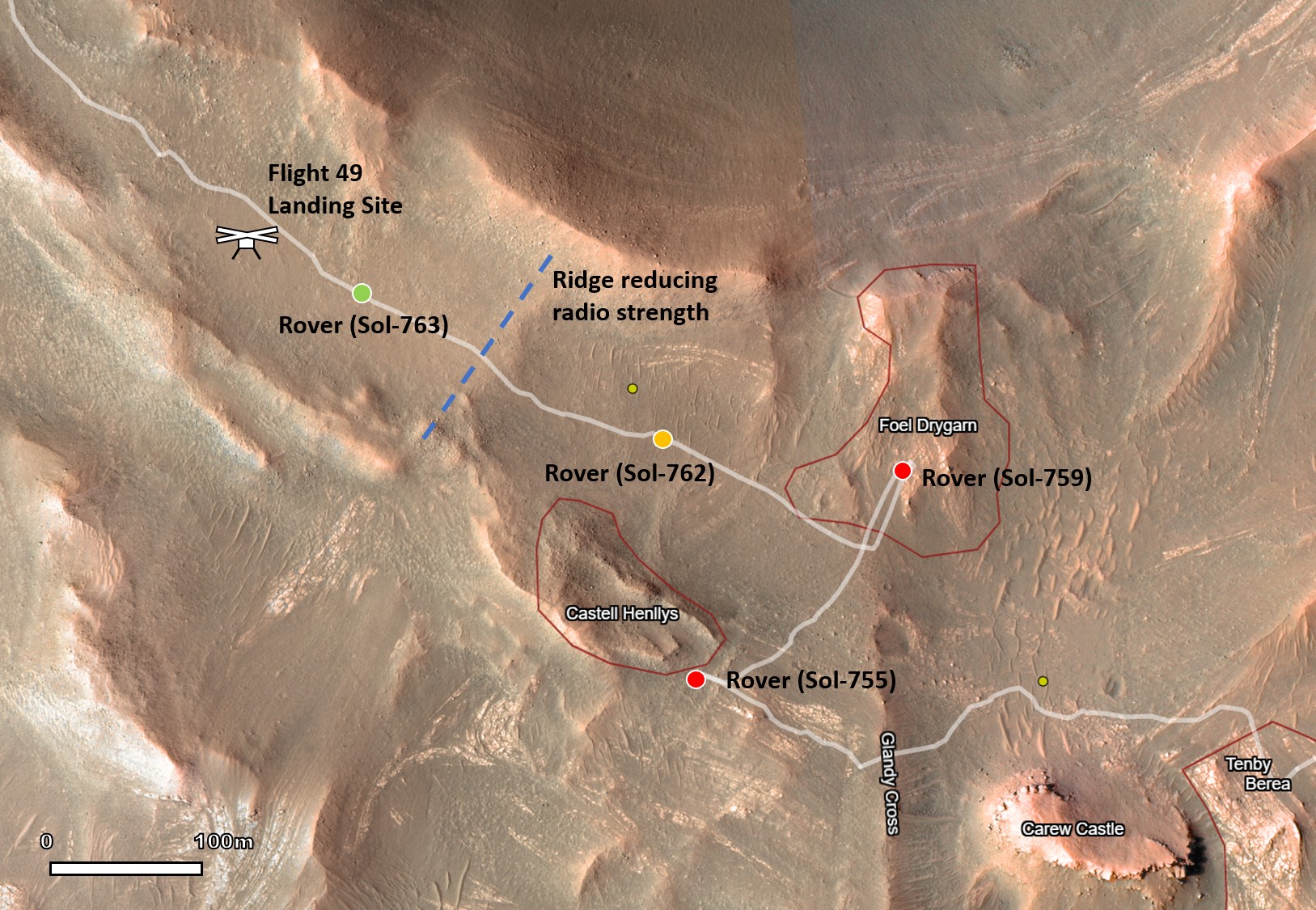 На этой карте показано местонахождение марсохода и вертолета