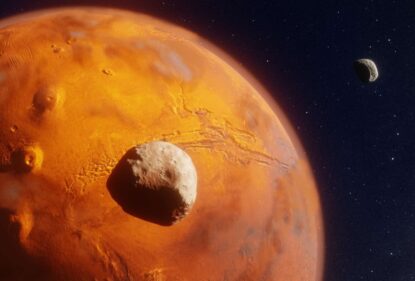 Враження художника від супутників Фобос і Деймос на орбіті Марса
