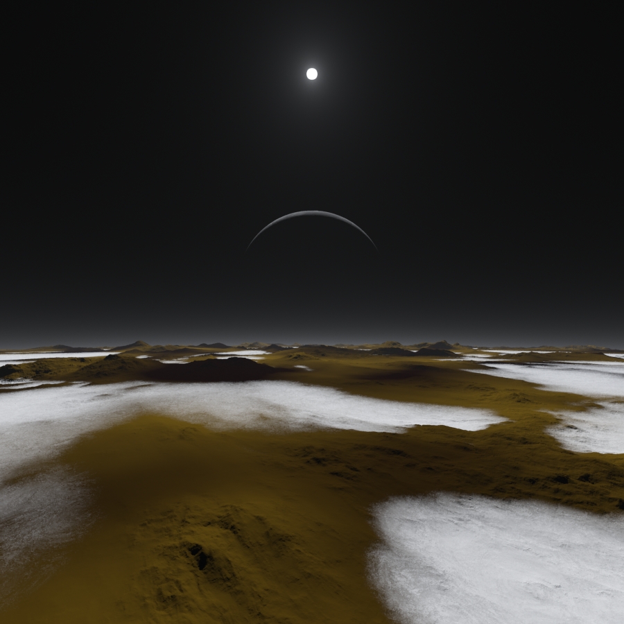Харон и Солнце над поверхностью Плутона
