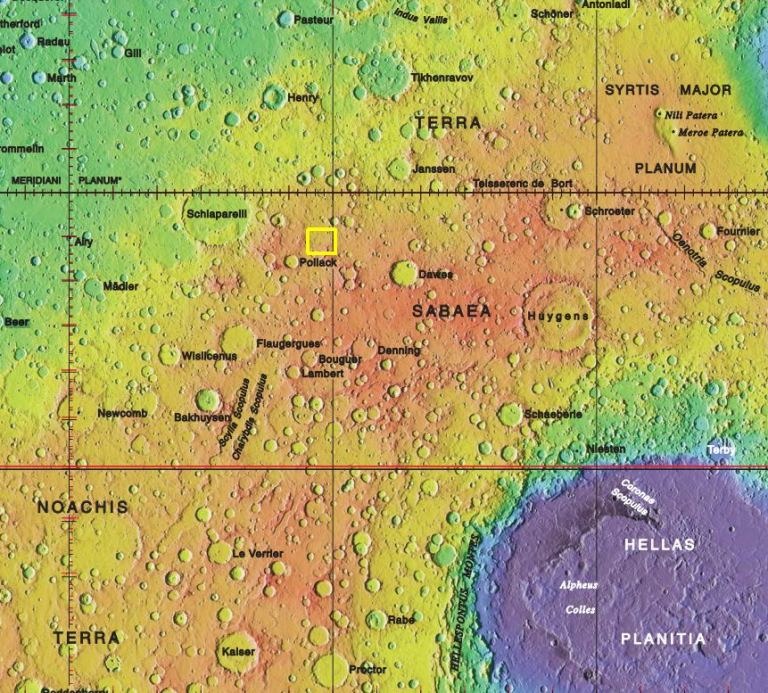 Місцезнаходження кратера позначено жовтою рамкою