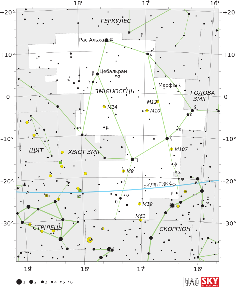 Звездная карта, на который видно, где эклиптика проходит через созвездие Змееносца