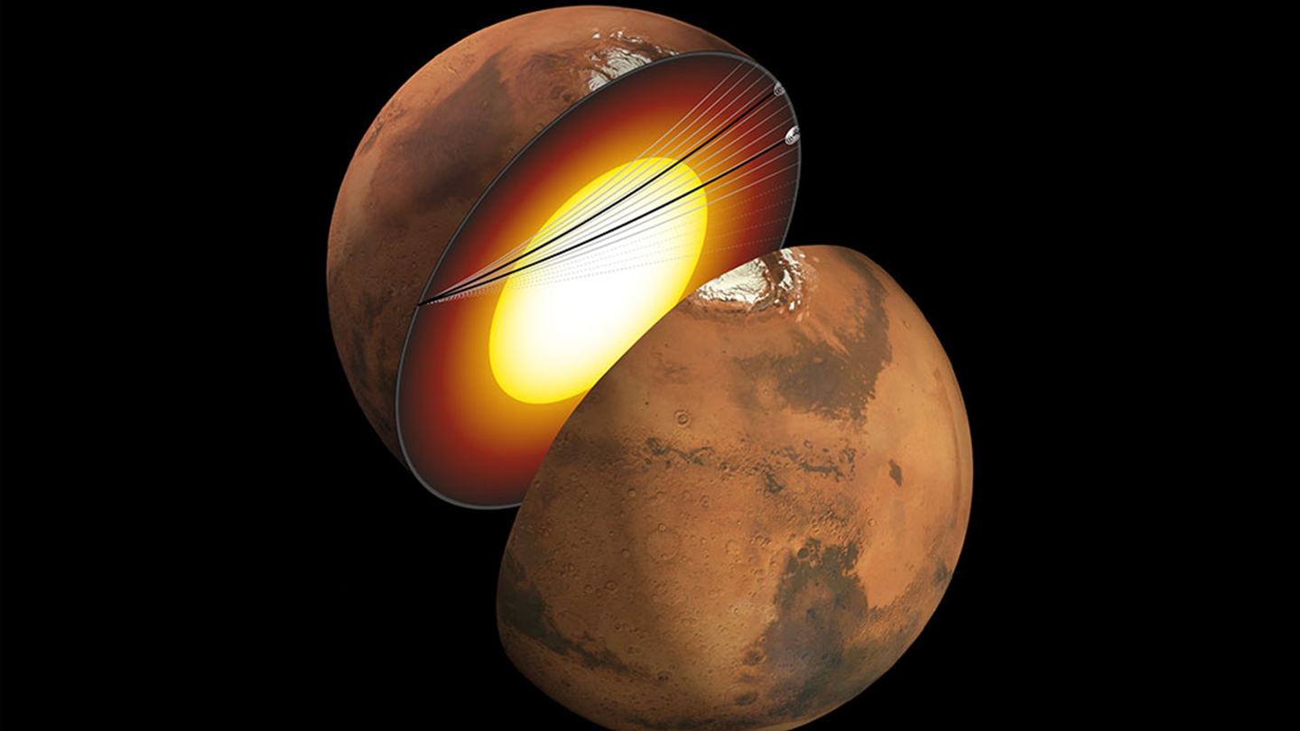 Схема, демонстрирующая внутреннее строение Марса и путь зафиксированных InSight сейсмических волн