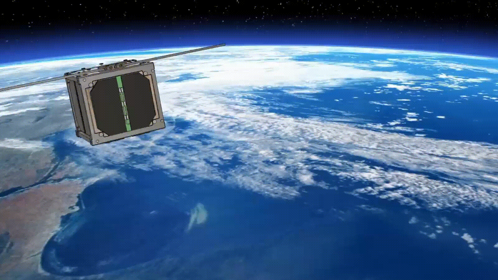 Анімація супутника LignoSat в рамках проекту J-Cube на орбіті Землі