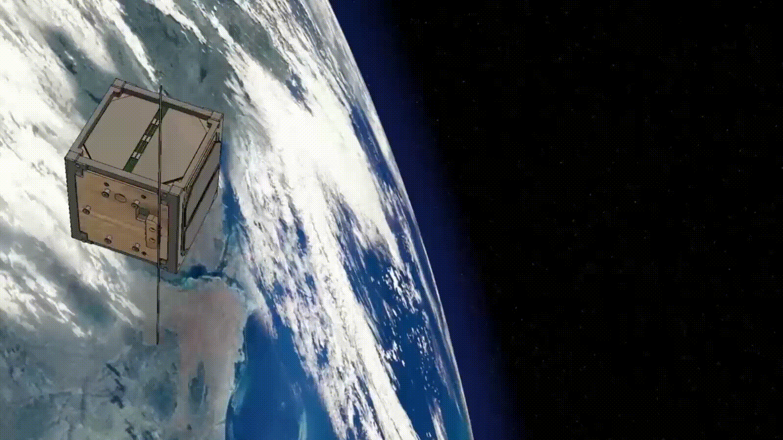 Анимация спутника LignoSat в рамках проекта J-Cube на орбите Земли