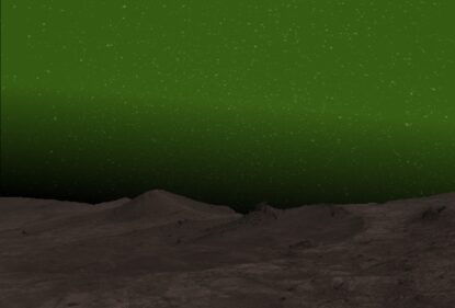 Це зображення показує враження художника того, як може виглядати нічне сяйво в оптичному діапазоні в полярних регіонах Марса вночі