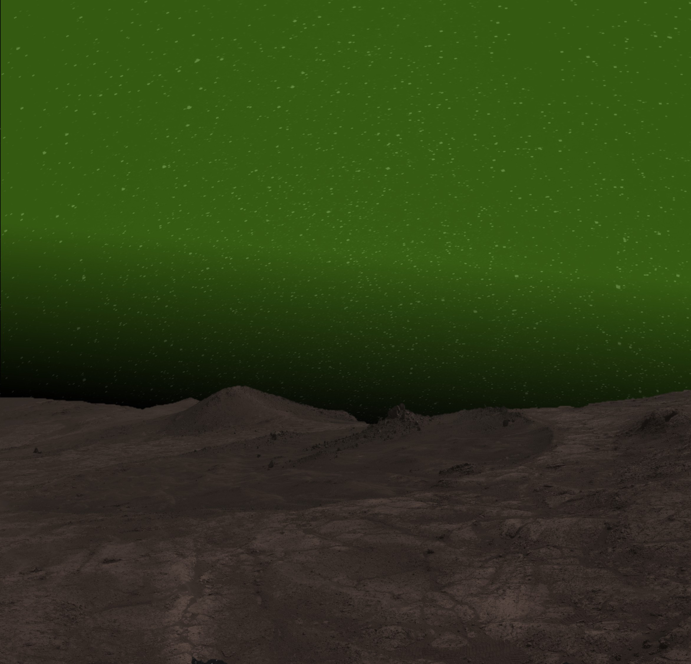 Це зображення показує враження художника того, як може виглядати нічне сяйво в оптичному діапазоні в полярних регіонах Марса вночі