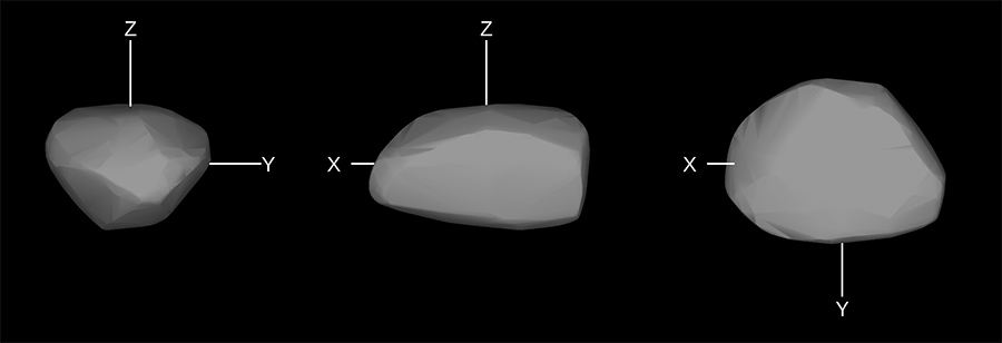 Это текущая модель формы астероида Леона, полученная на основе наблюдений, а также кривая блеска, показывающая его яркость с течением времени