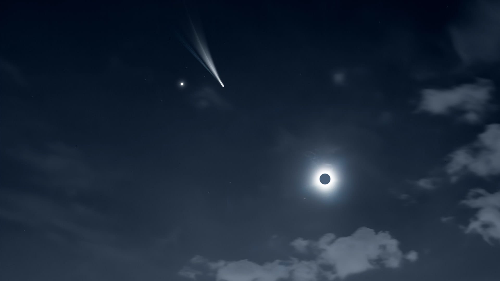 Иллюстрация полета кометы во время солнечного затмения