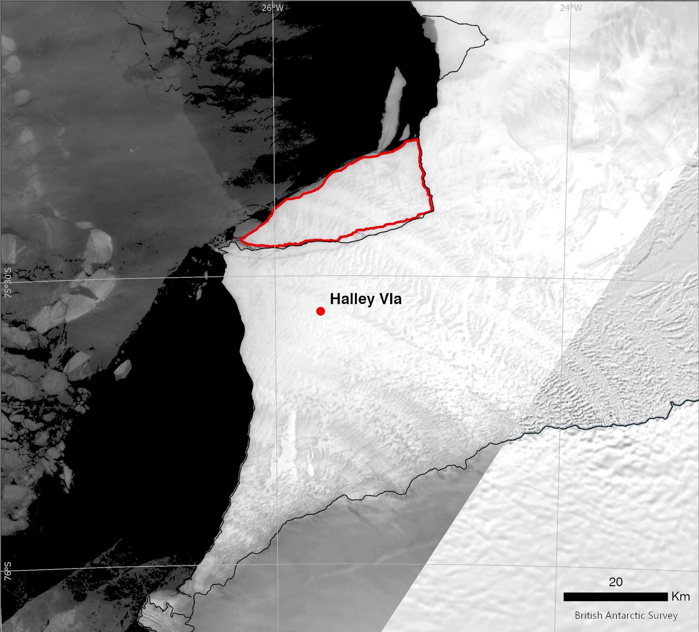 Шельфовый ледник Брант в Антарктиде породил новый айсберг
