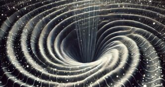 Visualization of gravitational wave ripples propagating through space-time, influenced by the interaction with dark matter