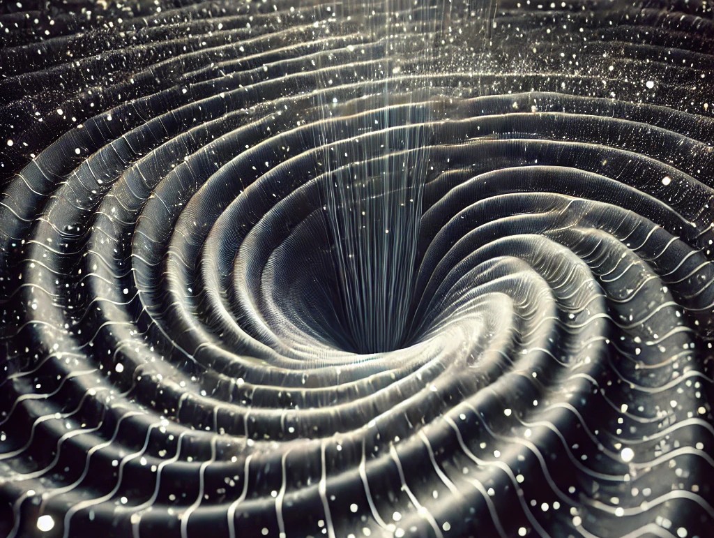 Visualization of gravitational wave ripples propagating through space-time, influenced by the interaction with dark matter