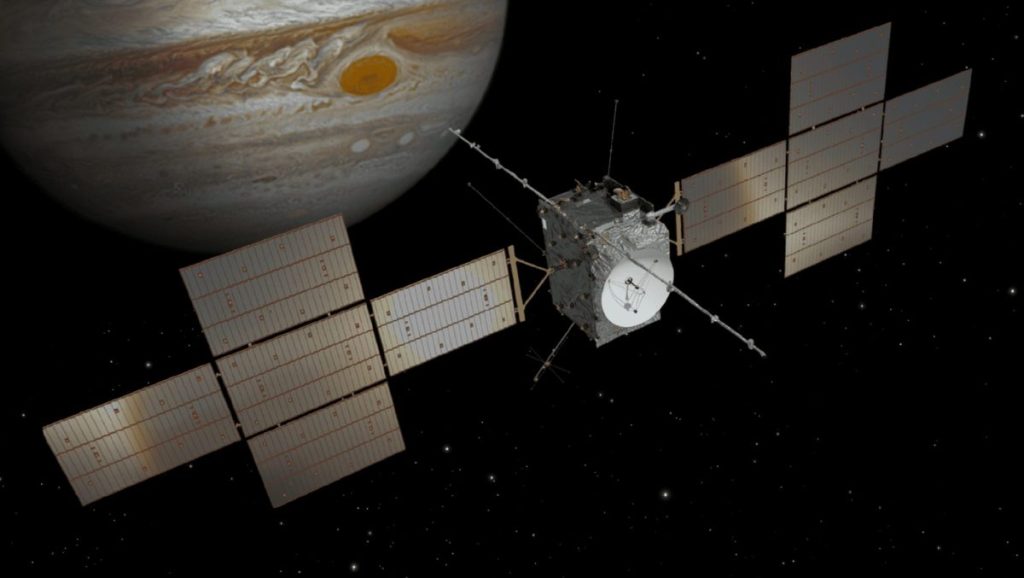 Художнє зображення зонда JUICE на орбіті Юпітера. Джерело: ESA, CC BY-SA IGO 3.0