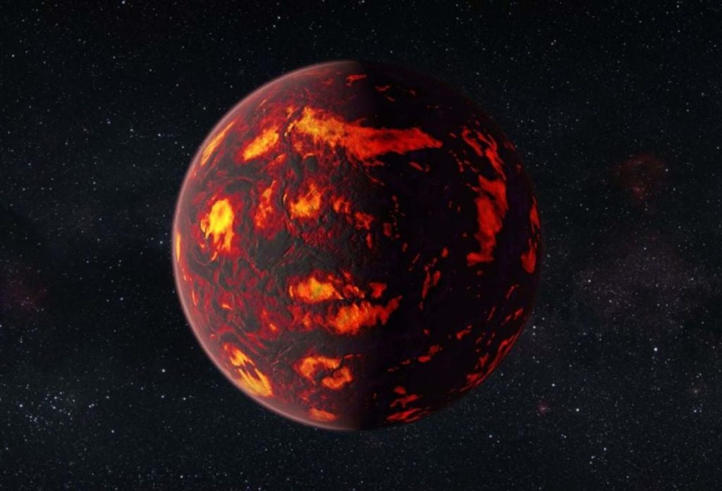 Художнє зображення екзопланети 55 Cancri e з розплавленою поверхнею поблизу її зорі
