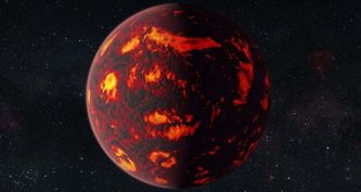 Художнє зображення екзопланети 55 Cancri e з розплавленою поверхнею поблизу її зорі