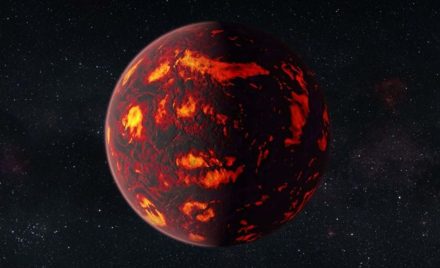 Художнє зображення екзопланети 55 Cancri e з розплавленою поверхнею поблизу її зорі