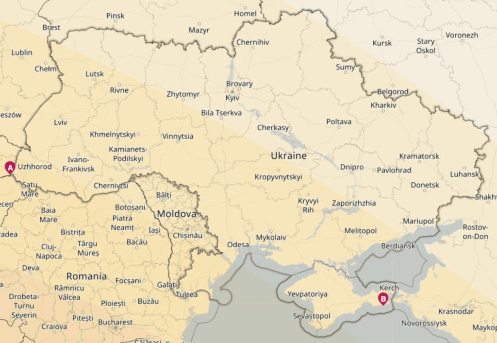 Карта видимості часткового сонячного затемнення 2 серпня 2027 року в Україні