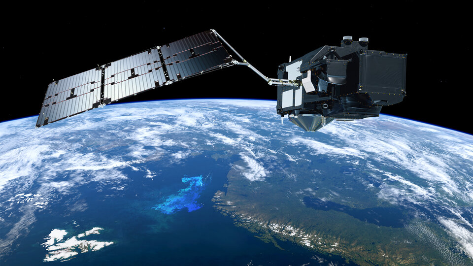 Художня ілюстрація супутника Copernicus Sentinel-3 на орбіті