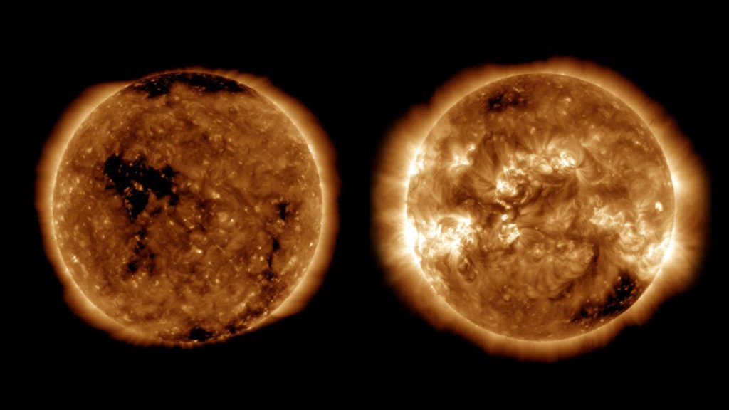 Два зображення Сонця поруч, ліворуч спокійний диск з темними ділянками, праворуч диск із яскравими активними областями