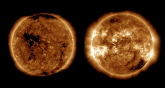 Два зображення Сонця поруч, ліворуч спокійний диск з темними ділянками, праворуч диск із яскравими активними областями