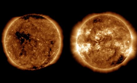 Два зображення Сонця поруч, ліворуч спокійний диск з темними ділянками, праворуч диск із яскравими активними областями