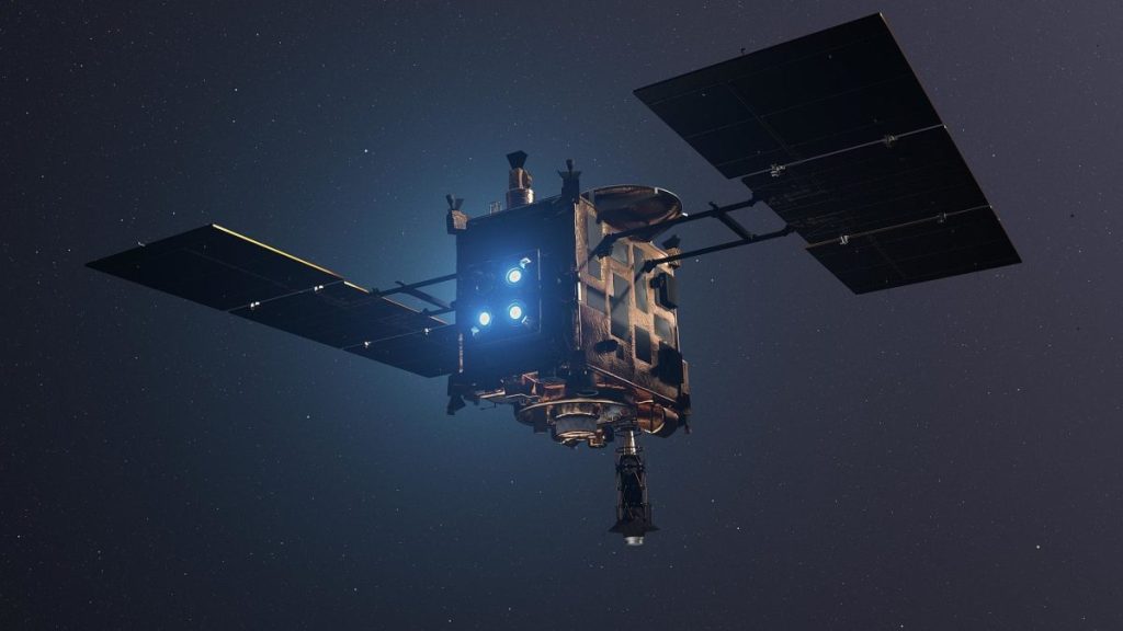 Художня ілюстрація апарата Hayabusa2 з увімкненими іонними двигунами в космосі