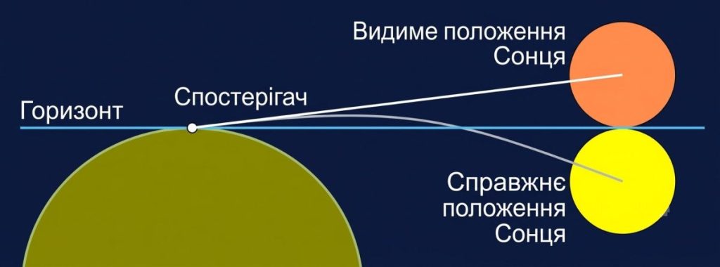 Схема заломлення сонячного світла в атмосфері Землі