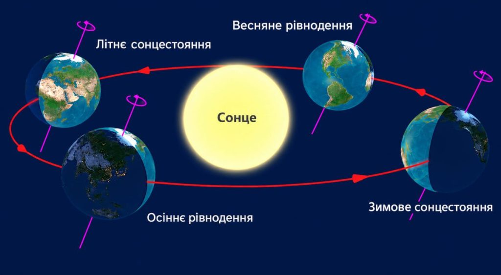 Схема руху Землі навколо Сонця з позначеними рівноденнями і сонцестояннями