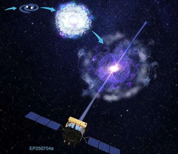 Космічна обсерваторія Einstein Probe і злиття двох нейтронних зір, художня ілюстрація