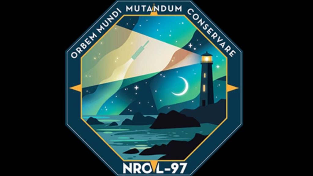 Восьмикутна емблема місії NROL-97 із маяком і чотирма зорями