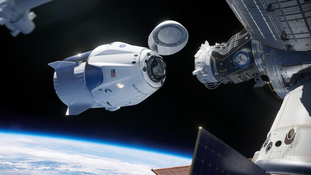Художня ілюстрація корабля Crew Dragon під час стикування з МКС